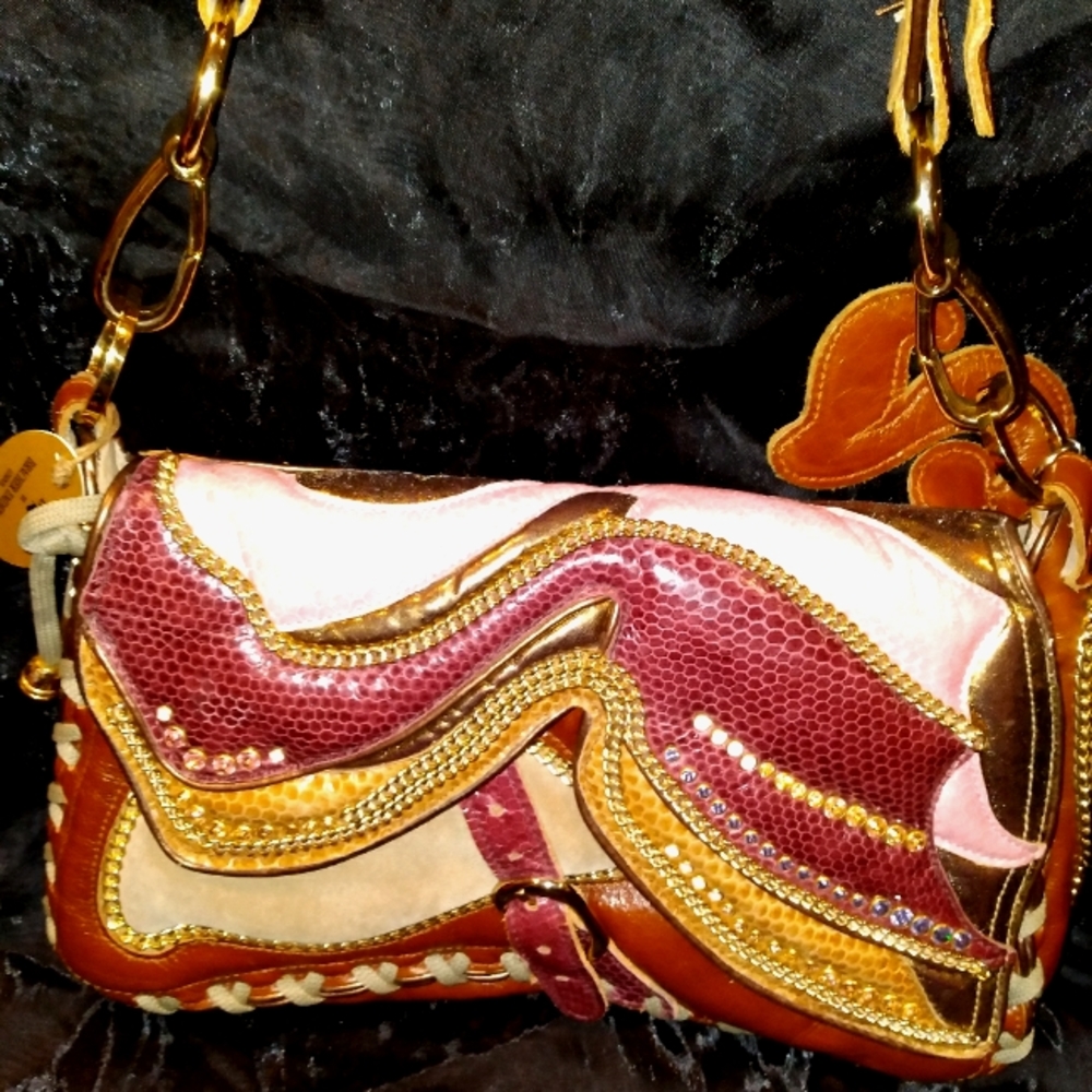 B2E handbag, 12.5in (L) x 3.5in (W) x 8in (H), brown leather w/ adj. strap